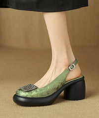 Retro Cowhide Leather Splicing Apricot Chunky Heel Sandals