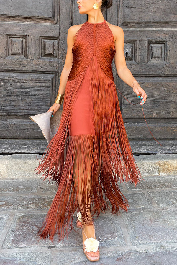 Sleeveless Halter Neck Elegant Tassel Slim Maxi Dress
