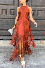 Sleeveless Halter Neck Elegant Tassel Slim Maxi Dress