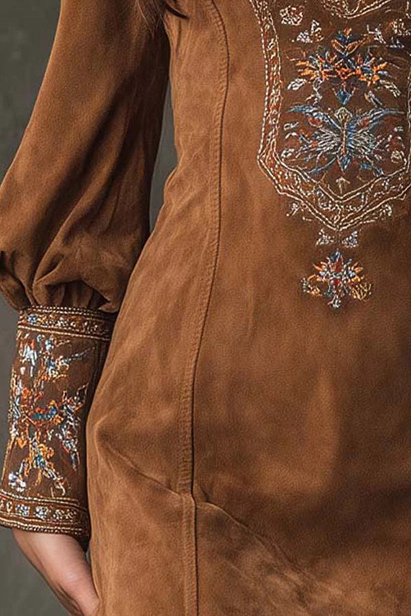 Suede Embroidered V-neck Long-sleeved Slim-fit Mini Dress