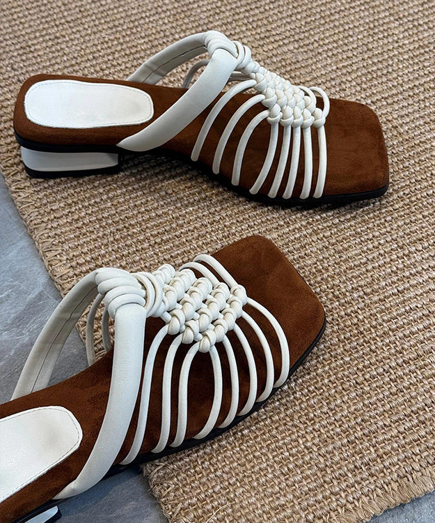 Beige Cowhide Leather Splicing Hollow Out Slide Sandals Peep Toe