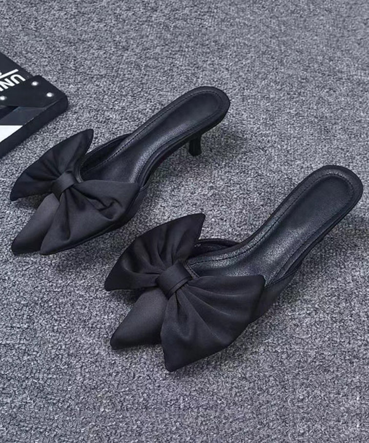 Black High Heel Bow Splicing Slide Sandals Pointed Toe