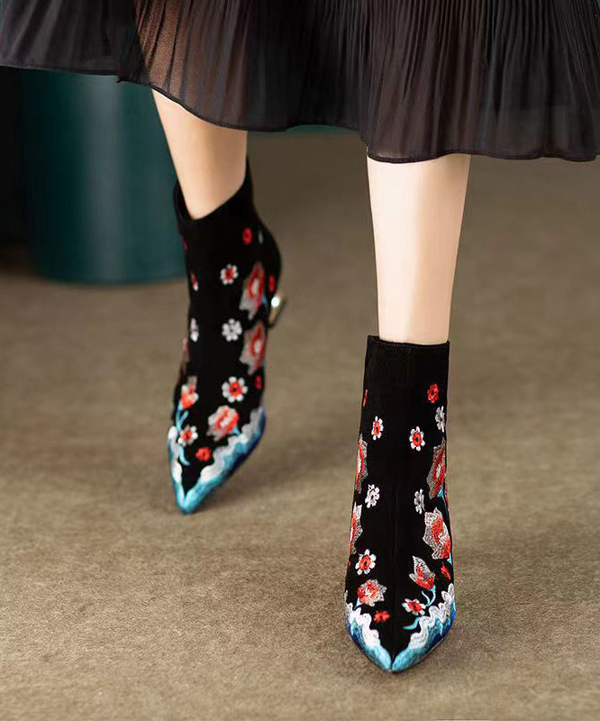 Black Flower Embroidered Pointed Toe Short Boots
