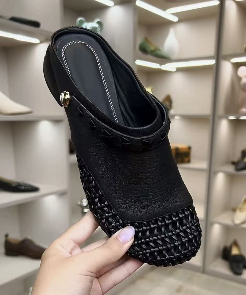 Summer New Black Hollow Out Woven Faux Leather Slide Sandals