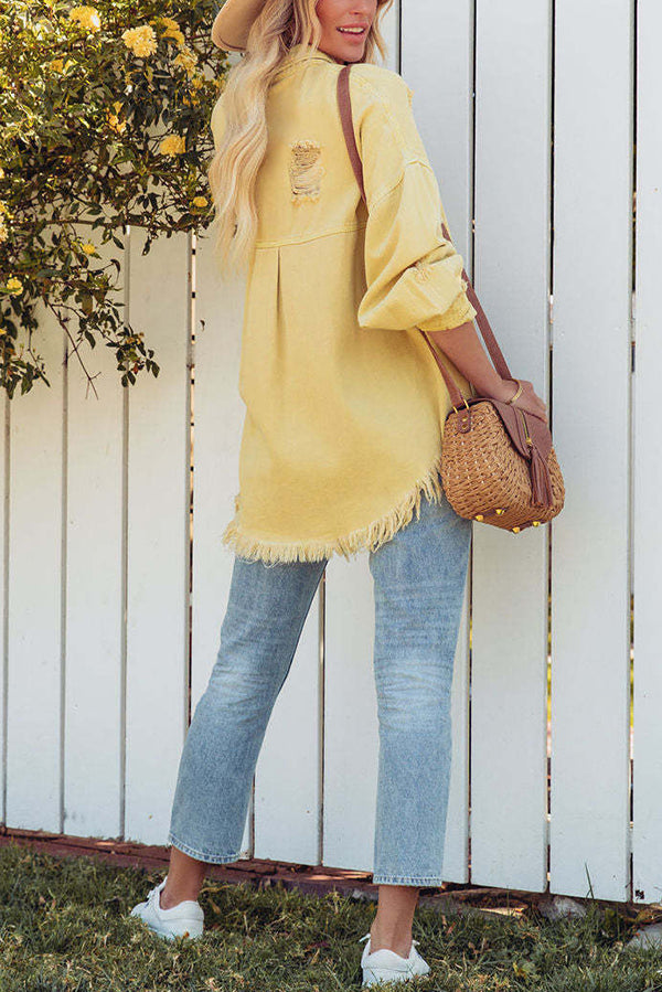 Lapel Long Sleeve Ripped Denim Jacket