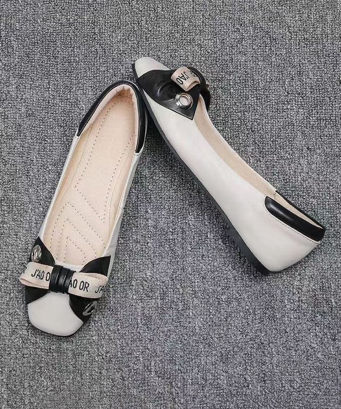 Bow Splicing Comfortable Flat Shoes Beige Faux Leather