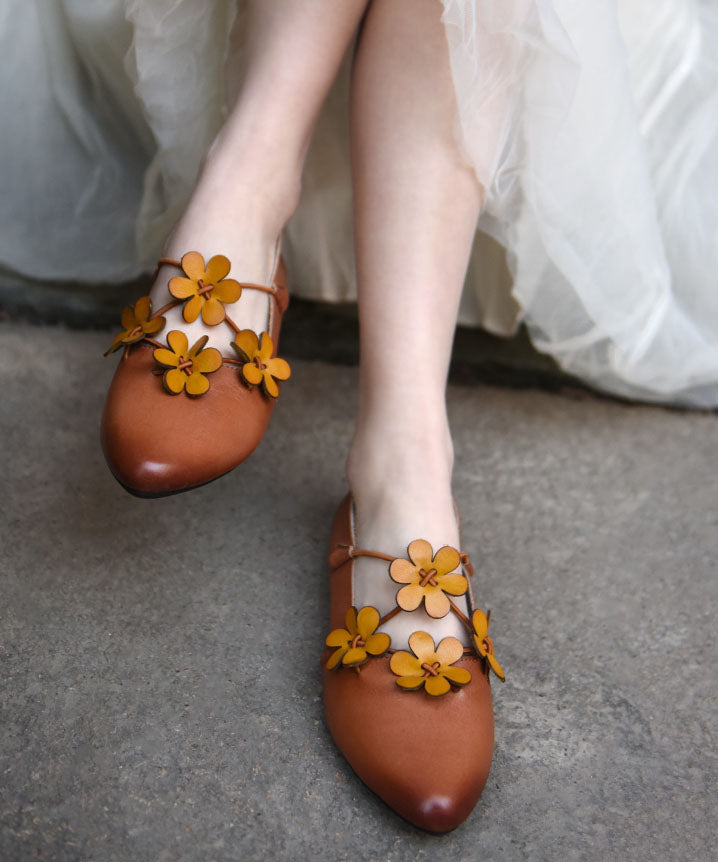 Brown Flat Shoes For Cowhide Leather Splicing Floral Pointed Toe