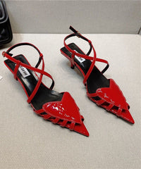 Splicing Heart Kitten Heels Sandals Red Faux Leather Pointed Toe