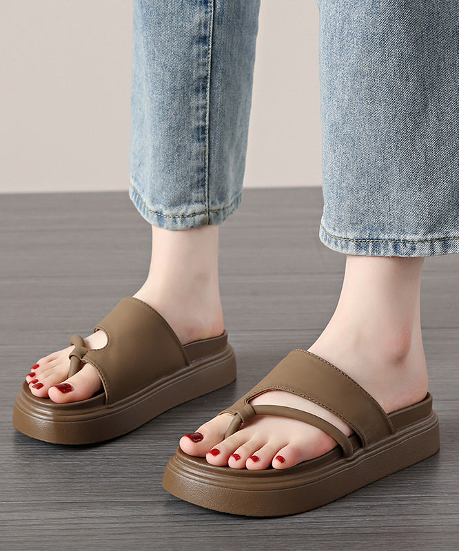 Brown Thong Sandals Platform Faux Leather Comfy Splicing