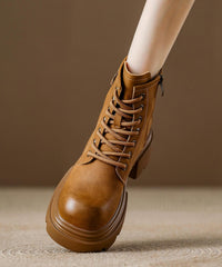 Brown Platform Cowhide Leather Women Splicing Boots Lace Up