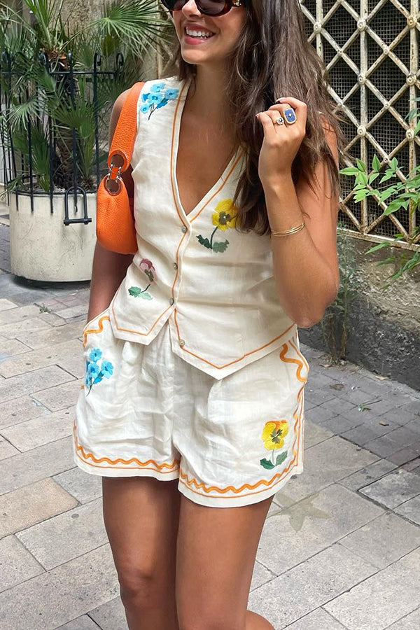 Flower Printed Linen Blend Button Vest and Elastic Waist Pocketed Shorts Set