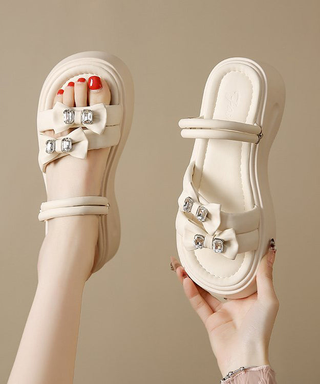 Boho Bow Zircon Splicing Platform Black Faux Leather Slide Sandals