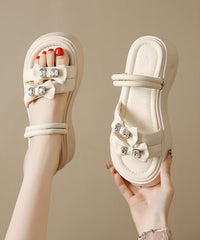 Boho Bow Zircon Splicing Platform Black Faux Leather Slide Sandals