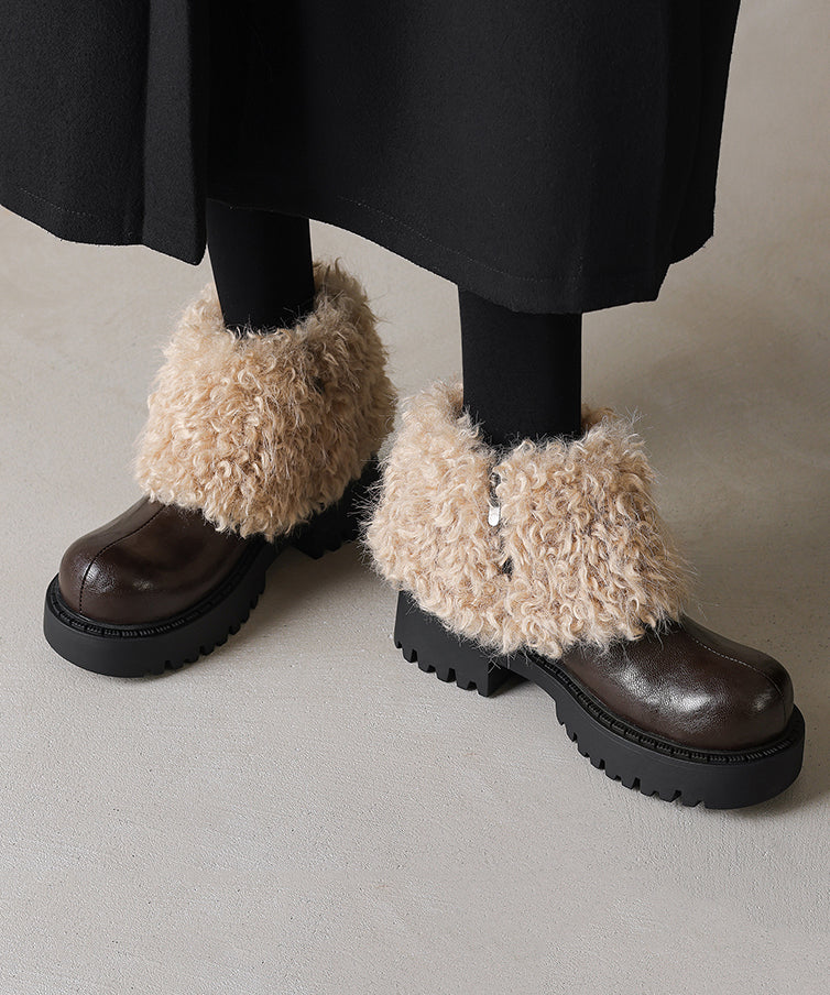 Black Cowhide Leather Chunky Boots Splicing Fuzzy Wool Lined