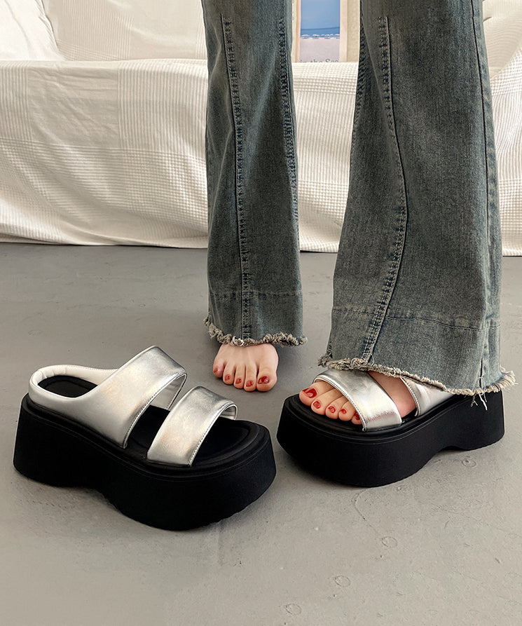 Faux Leather Splicing Silver Platform Slide Sandals Peep Toe