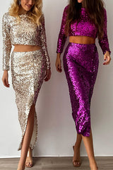 Solid Sequined Long-sleeved Crop Top and Slit Midi Skirt Set