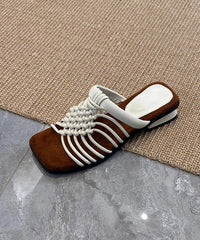 Beige Cowhide Leather Splicing Hollow Out Slide Sandals Peep Toe