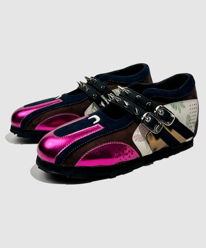 Rose Cowhide Leather Splicing Rivet Wedge Heels Shoes