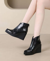 Fine Splicing Wedge Boots Brown Cowhide Leather