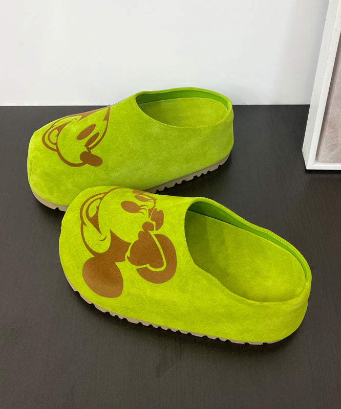 Green Suede Cartoon Print Platform Slide Sandals