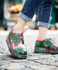 Green Sheepskin Boho Lace Up Embossed Platform Shoes