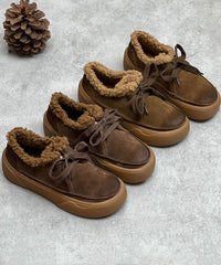 Coffee Flats Lace Up Flat Shoes For Fuzzy Wool Lined