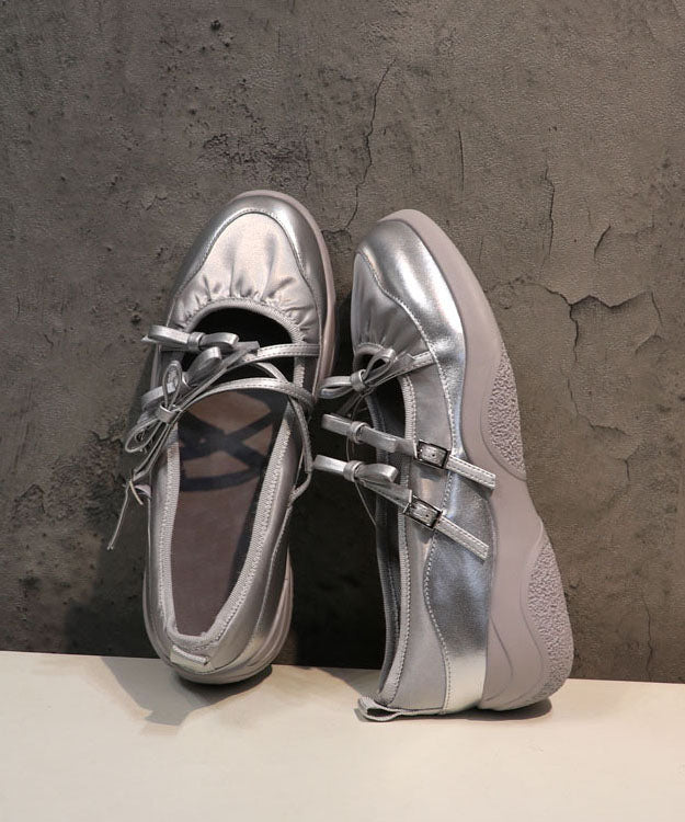 Comfy Silver Bow Cross Strap Flats Shoes