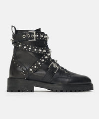 Black Cowhide Leather Splicing Lace Up Rivet Boots