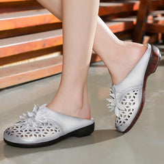 Hollow Leather Floral Casual Slippers