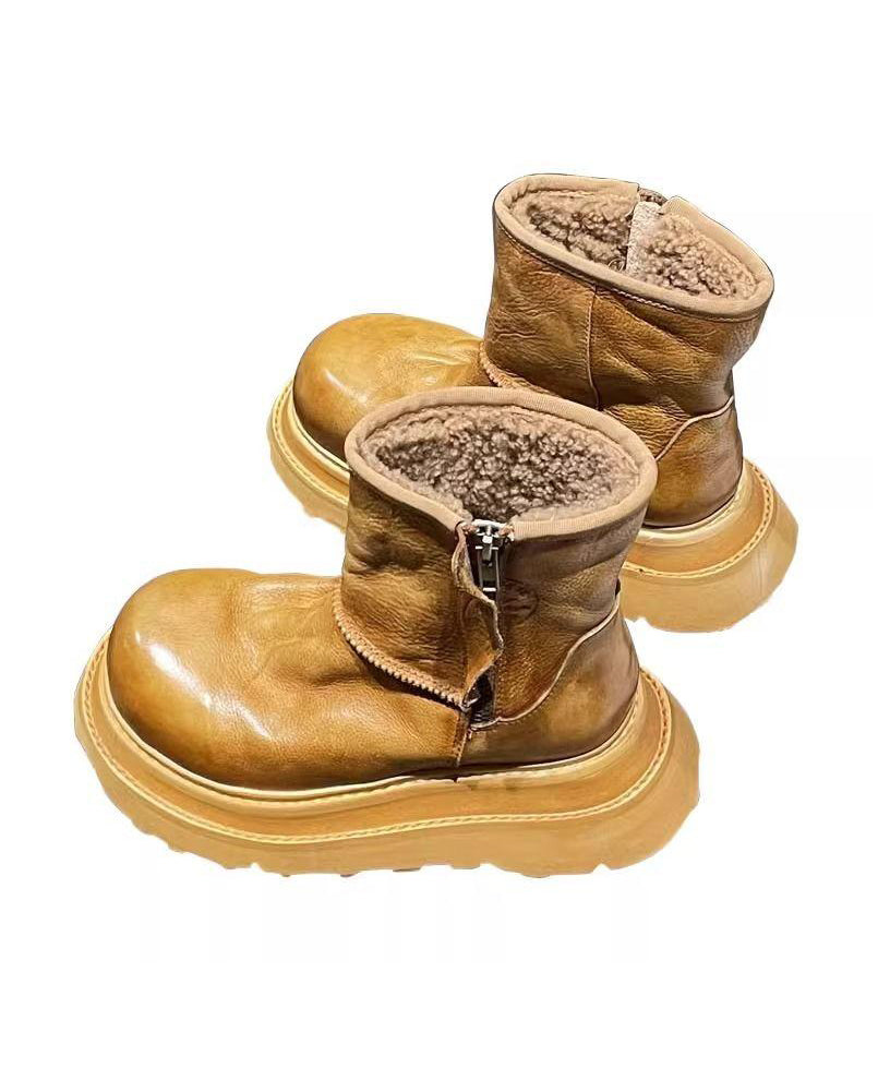 Caramel Faux Leather Boots Fuzzy Wool Lined Splicing Zippered