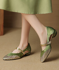 Vintage Green Cowhide Leather Splicing Hollow Out Chunky Shoes