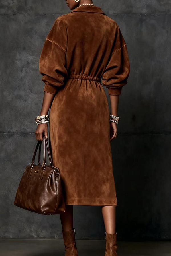 Suede Lapel Zipper Waist Tie Casual Midi Dress