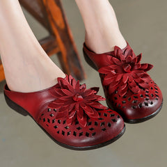 Hollow Leather Floral Casual Slippers