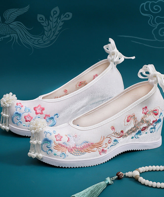 White Embroideried High Heels Shoes Wedge Satin Fabric Lace Up High Wedge Heels