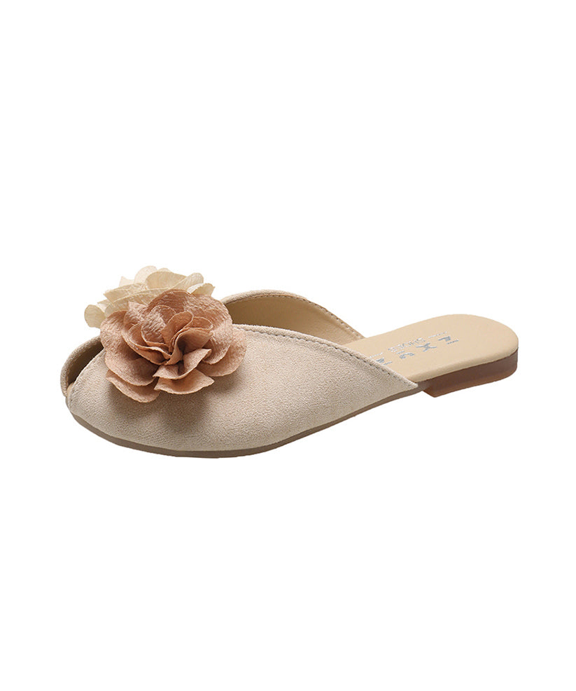 Khaki Suede Floral Splicing Slide Sandals