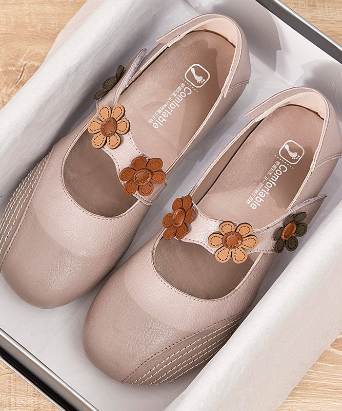 Boho Buckle Strap Flat Shoes For Apricot Floral Cowhide Leather