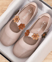 Boho Buckle Strap Flat Shoes For Apricot Floral Cowhide Leather