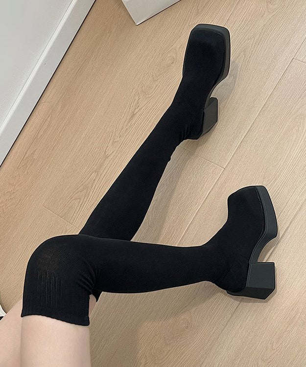 Grey Knit Fabric Chic Splicing Chunky Heel Knee Boots