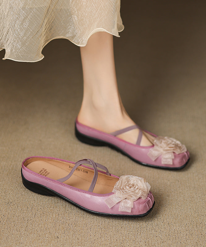 Purple Cowhide Leather Splicing Floral Slide Sandals
