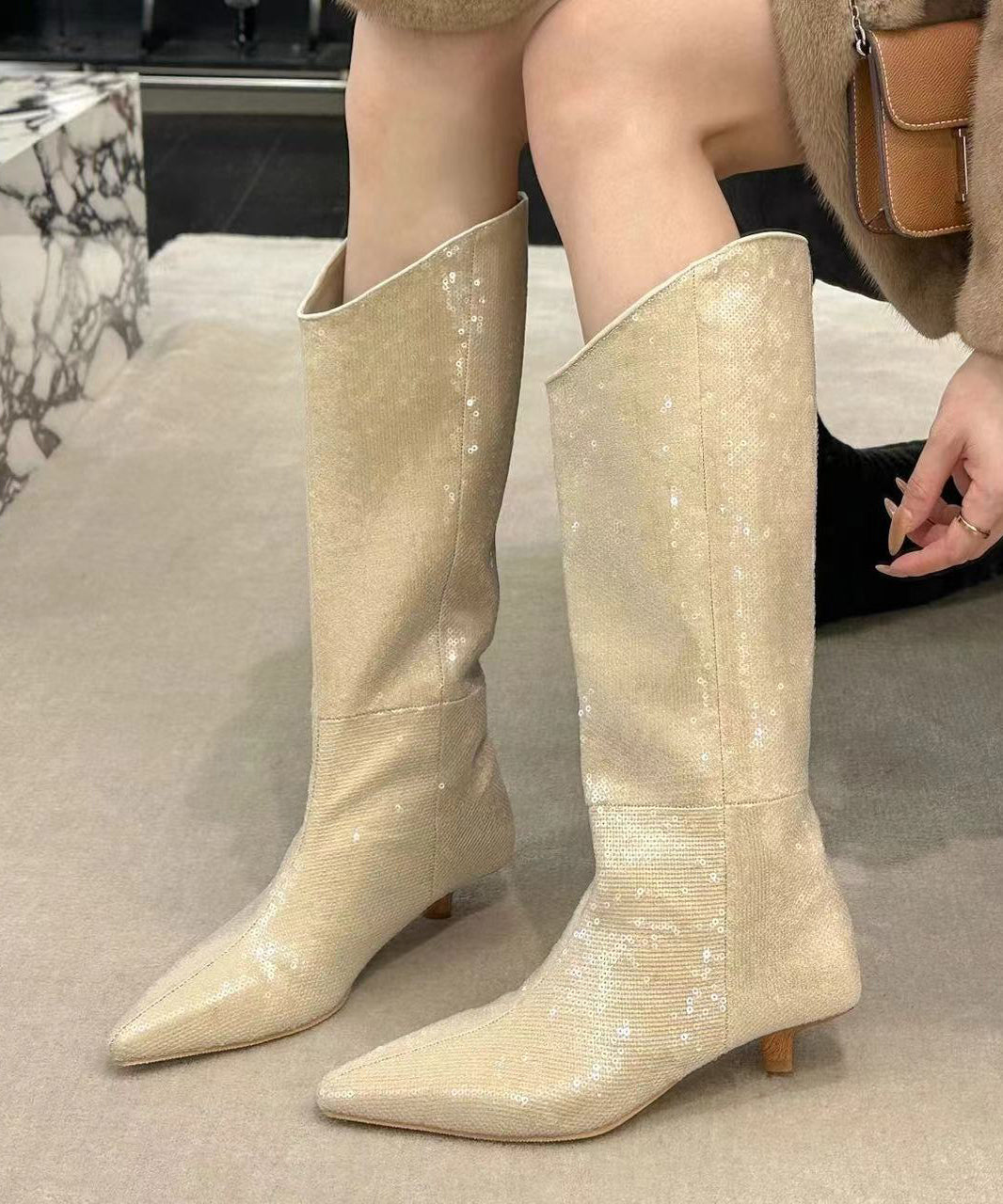 Stylish Apricot Kitten Heels Sequins Boots