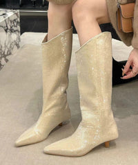 Stylish Apricot Kitten Heels Sequins Boots