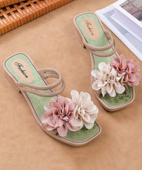 Green Floral Splicing Chunky Slide Sandals Peep Toe
