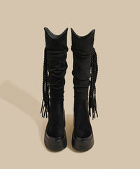 New Brown Wrinkled Tassel Splicing Platform Boots