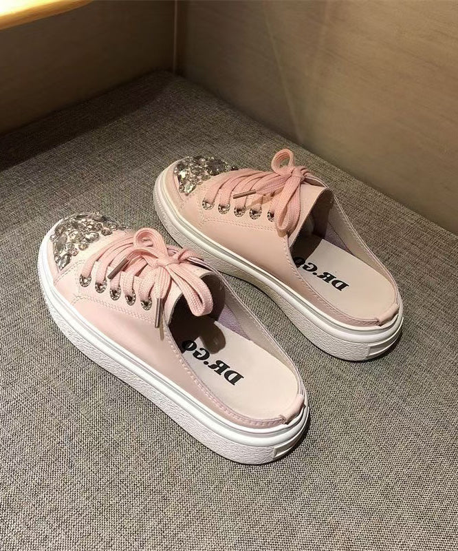 Boutique Pink Splicing Platform Slide Sandals Lace Up Zircon