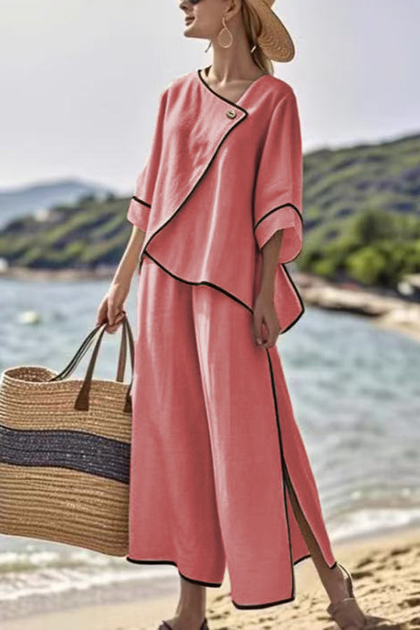 Color Trim Asymmetrical Casual Top and Elastic Waist and Wide-leg Pant Set
