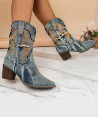 French Pointed Toe Fabric Boots Cowboy Boots Embossed Blue