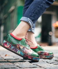 Green Sheepskin Boho Lace Up Embossed Platform Shoes