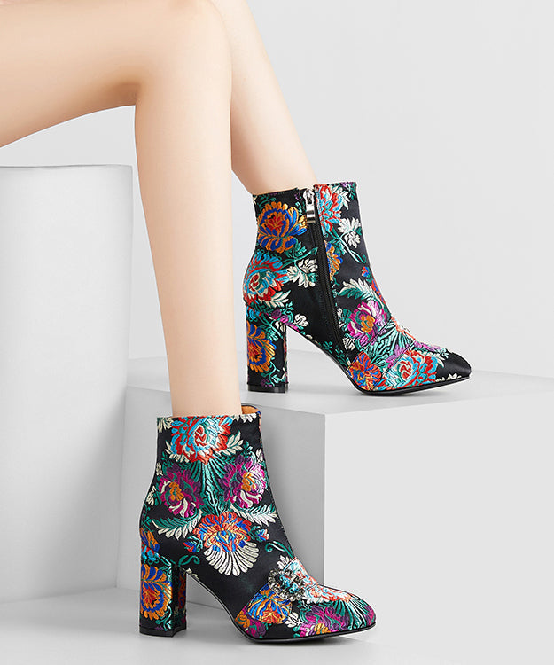 Yellow Embroidered Zippered Cotton Chunky Ankle Boots