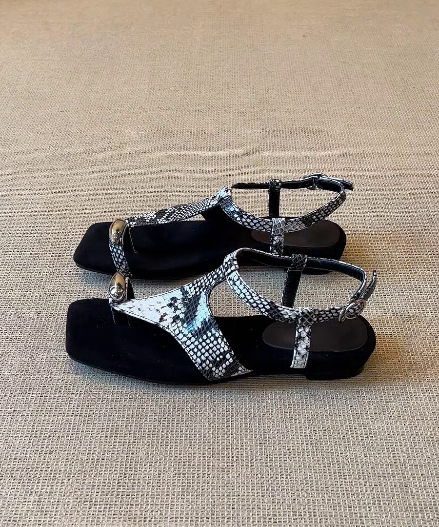 Black Faux Leather Flip Flops Flat Sandals Splicing