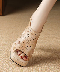 Elegant Brown Peep Toe Hollow Out Cowhide Leather Platform Chunky Sandals